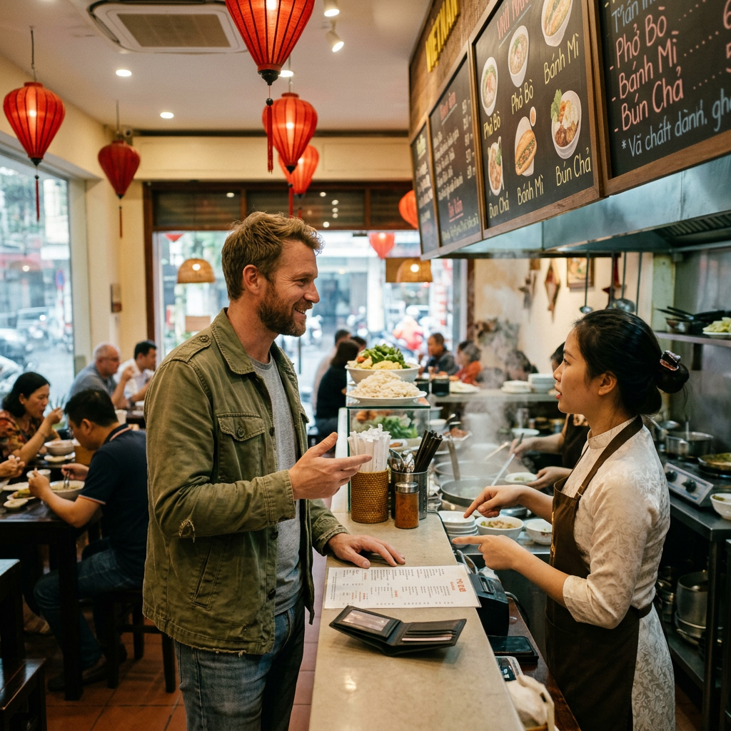 Customer ordering food at Vietnamese street food counter with menu overhead