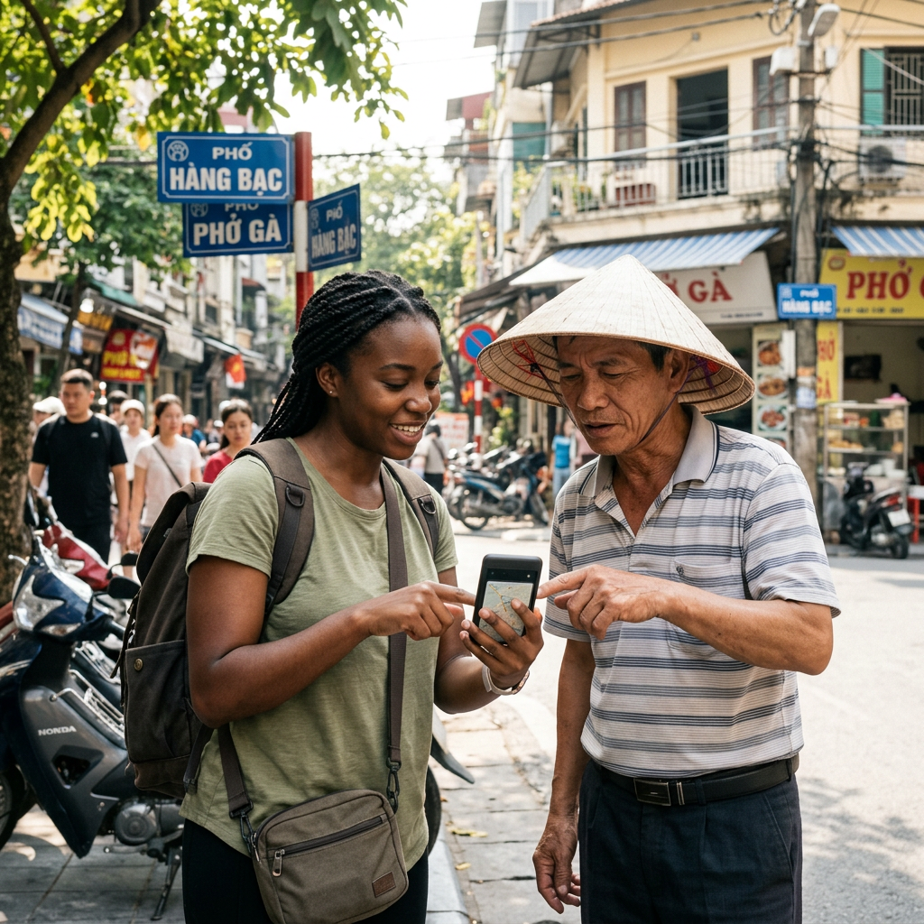 Tourist showing a map on a smartphone to a local man wearing a conical hat